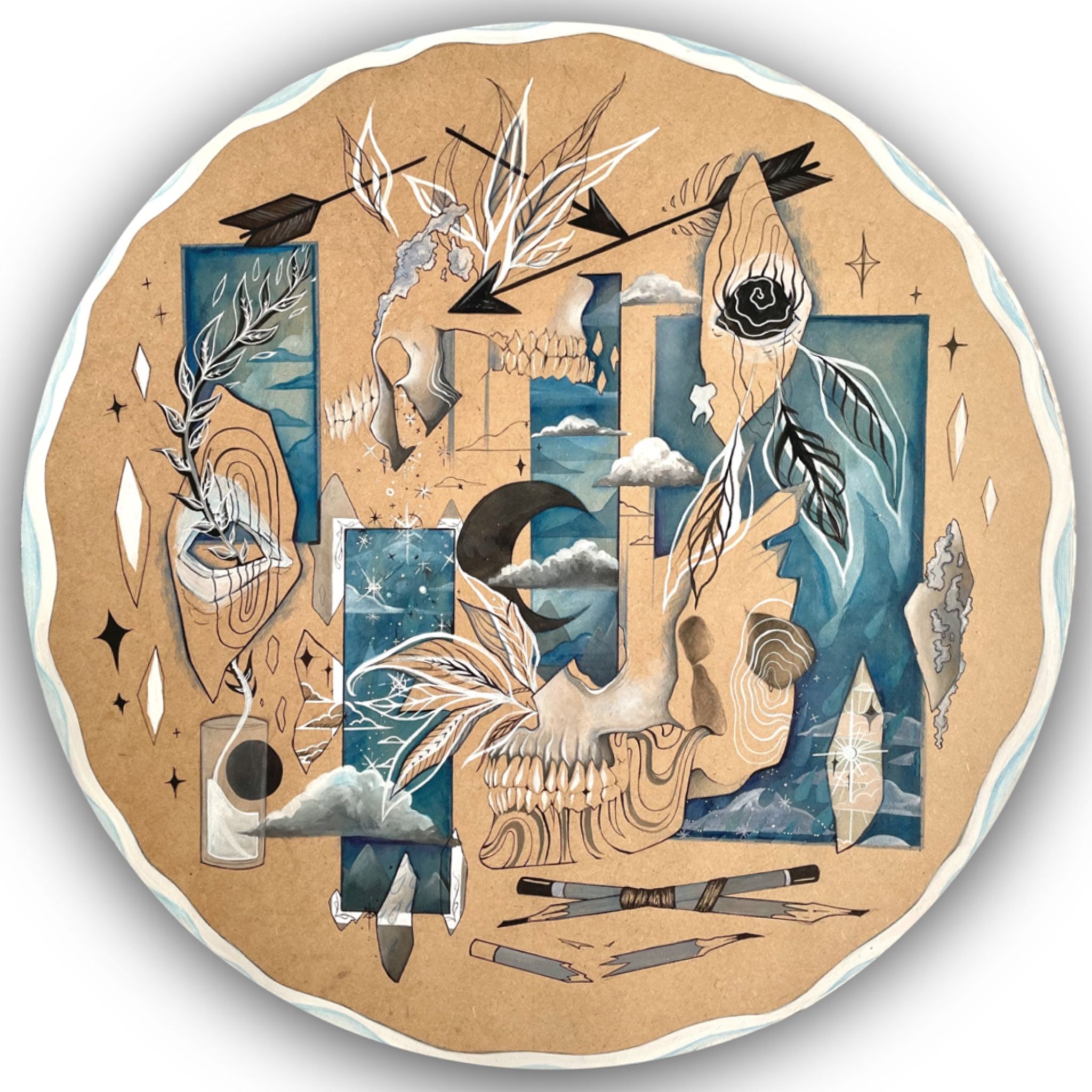 A painting of dislocated blocks of colour and image, in blue and white on a wooden background